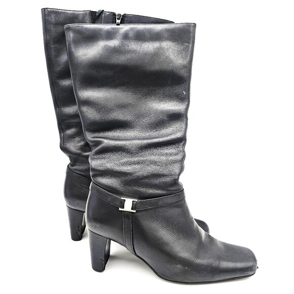 Women’s Black Leather Upper Knee-High Boots Size 8.5M Block Heel Side Zip - Picture 1 of 12